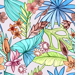 Fototapeta premium vector seamless beautiful artistic bright tropical pattern with banana, Syngonium and Dracaena leaf, summer beach fun, colorful original stylish floral background print, fantastic forest
