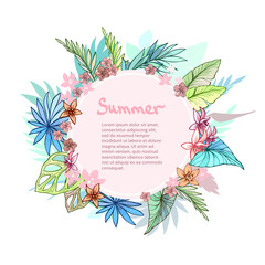 Fototapeta na wymiar Summer tropical background with exotic palm leaves and plants. Vector floral background.