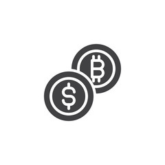 Bitcoin and dollar coins vector icon. filled flat sign for mobile concept and web design. Crypto currency exchange simple solid icon. Symbol, logo illustration. Pixel perfect vector graphics