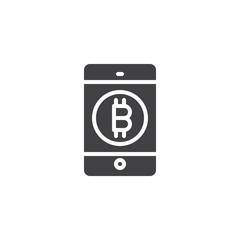 Bitcoin on smartphone screen vector icon. filled flat sign for mobile concept and web design. Mobile phone bitcoin payment simple solid icon. Symbol, logo illustration.