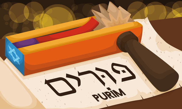 Scroll with Colorful Gragger Ready for Reading in Purim Celebration, Vector Illustration