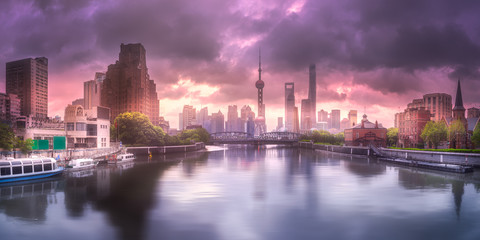 Sunset view of Shanghai skyline and Huangpu river