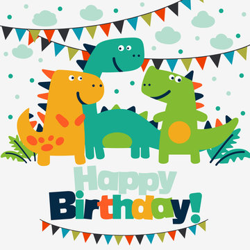Happy birthday - lovely vector card with funny dinosaurs