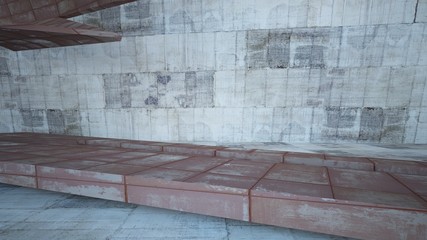 Empty smooth abstract room interior of sheets rusted metal with gray concrete. Architectural background. 3D illustration and rendering