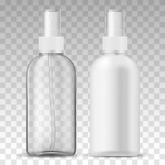 Ads template mockup two realistic plastic sprayer bottle transparent and white for liquid gel, soap, lotion, cream, shampoo, bath foam and other cosmetics on a white background