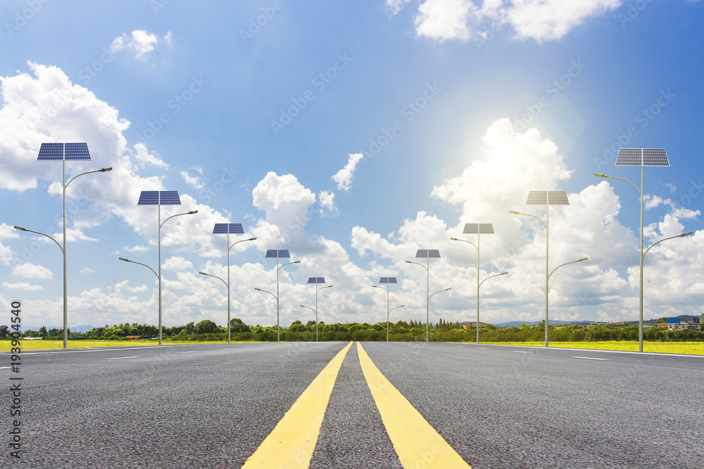 Wall mural Solar street light on the road in the city, the use of sunlight as power lighting