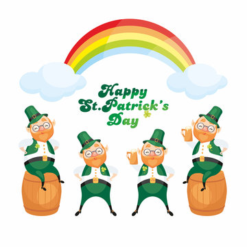 Images of a leprechauns in cartoon style. Saint Patrick’s Day illustrations isolated on the white background. Vector set.