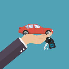 Hand holding car in palm and key on finger - obrazy, fototapety, plakaty