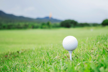 Golf ball on green lawn.