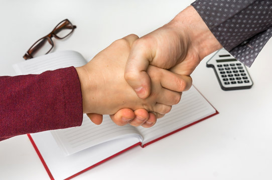Business partnership and handshake after good deal