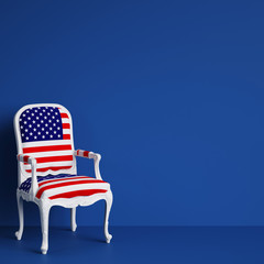 USA flag chair on blue background with copy space. Digital illustration.3d rendering