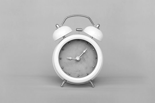 Black and white picture of Old Alarm Clock analog classic vintage style on paper retro background.