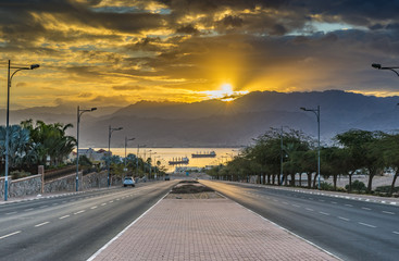 Morning on the longest street in Eilat - the southernmost marine port and famous resort city in Israel