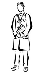 A young doctor, in black lines
