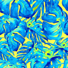 Watercolor Seamless Pattern. Hand Painted Illustration of Tropical Leaves and Flowers. Tropic Summer Motif with Monstera Pattern.