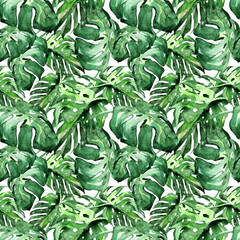 Watercolor Seamless Pattern. Hand Painted Illustration of Tropical Leaves and Flowers. Tropic Summer Motif with Liana Pattern. © litvinovaelena86