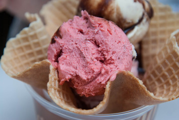 Fruit and Vaniila Ice Cream in Waffle Cup. Isoalted on White Background. Summer Iceacrea. Top View.