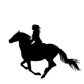 Black silhouette of a woman rider a running horse