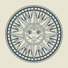 Vintage sun face compass rose