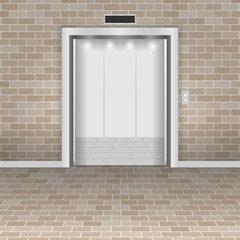 The concept of an open lift in a brick wall. Vector illustration