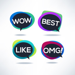 cute and bright speech bubbles with emotional words wow, best, like, omg