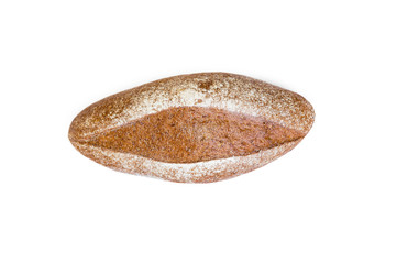 A loaf of rye sourdough bread isolated on white background, oval-shaped, homemade cakes close-up