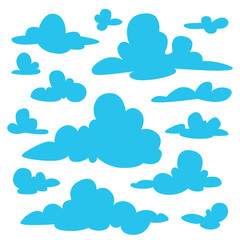 Set of blue fluffy clouds silhouettes on white background. Vector illustration in flat cartoon style.