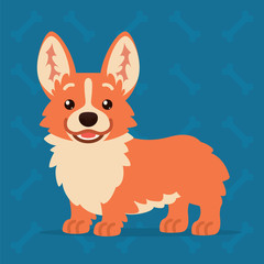 Cute Welsh Corgi standing and smiling. Element for your design, print, chat, sticker. Emoji. Vector illustration of Corgi dog shows happy emotion in flat cartoon style on blue background. Emoticon.