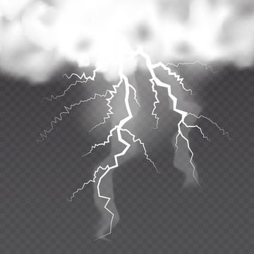  Realistic vector cloud and lightnings on transparent background. Vector illustration.