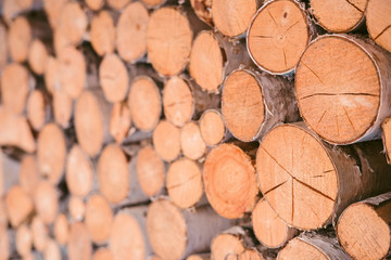 Pile firewood prepared for fireplace. Wooden background - closeup.