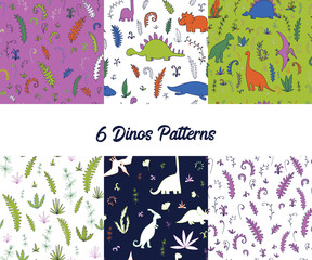 vector set of seamless pattern with dinosaurs