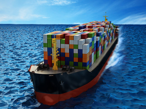 Cargo ship loaded with multi colored containers. 3D illustration