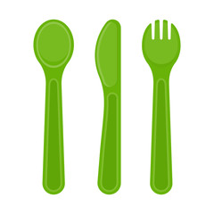 Vector illustration of plastic spoon, fork and knife isolated on white background. Disposable utensils in bright colors for toddler feeding, party or picnic.