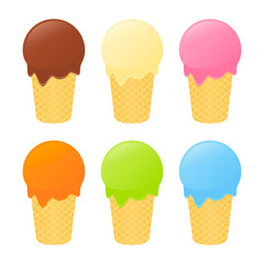 Vector illustration of waffle ice cream cones with different flavors isolated on white background.