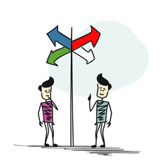 Man in doubt, having to choose between right choices indicated by arrows direction concept. Cartoon Hand Drawn Sketch Vector illustration.