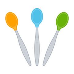 Vector illustration of kid spoons isolated on white background. Toddler utensils in bright colors. Baby feeding supplies.