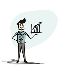 Man hand holding business graph Icon. Cartoon hand sketch concept isolated vector illustration.