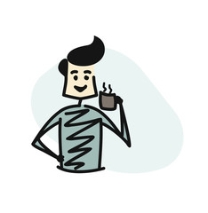 Man holding cup of tea - coffee, Cartoon Hand Drawn Sketch Vector illustration.