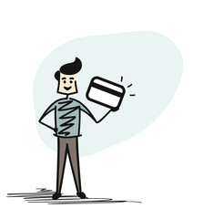 Man Hand holding credit card, Cartoon Hand Drawn sketch concept vector illustration.