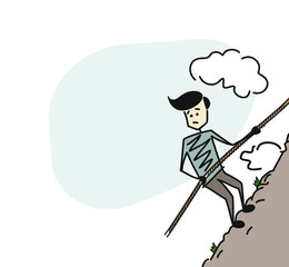 Alpinist climbing up high mountain with special cable rope alone. Hand Drawn Sketch Vector illustration.