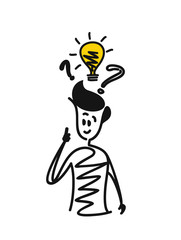 Man looking at the question marks with light idea bulb, Cartoon Hand Drawn Sketch Vector illustration.