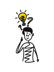 Man looking at the question marks with light idea bulb, Cartoon Hand Drawn Sketch Vector illustration.