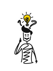 Man looking at the question marks with light idea bulb, Cartoon Hand Drawn Sketch Vector illustration.