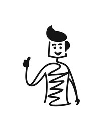 Man shows hands thumbs up, Cartoon Hand Drawn Sketch Vector illustration.
