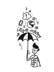 Man holding umbrella under the rain drop with doodle, Cartoon Hand Drawn Sketch Vector illustration.