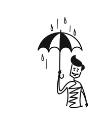 Man holding umbrella under the rain drop, Cartoon Hand Drawn Sketch Vector illustration.