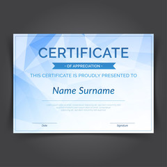 Blue crystal polygonal abstract hi-tech certificate layout template