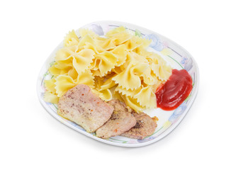 Cooked boneless pork chops with farfalle pasta and ketchup