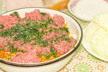 Meat filling in big bowl during preparation of stuffed dish