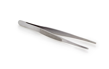 Steel tweezers on a white background